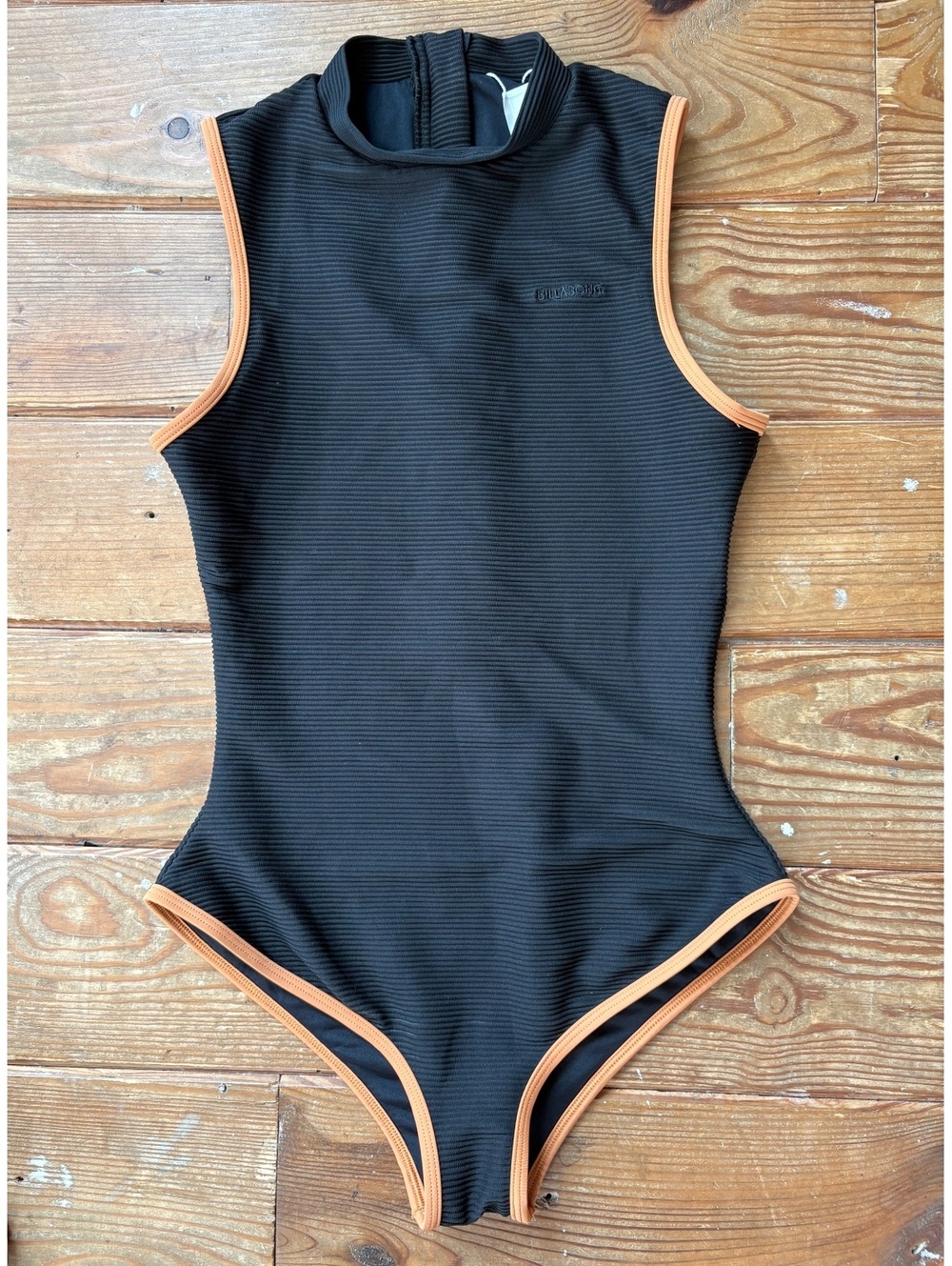 Billabong Ribbed One Piece Swimsuit Black Tan Trim Mock Neck Back Zip Size Small - Picture 2 of 5